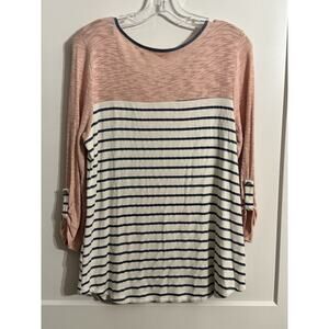 LE LIS Shirt Round Neck Striped Pink Gray Top Light Academia Coastal Preppy